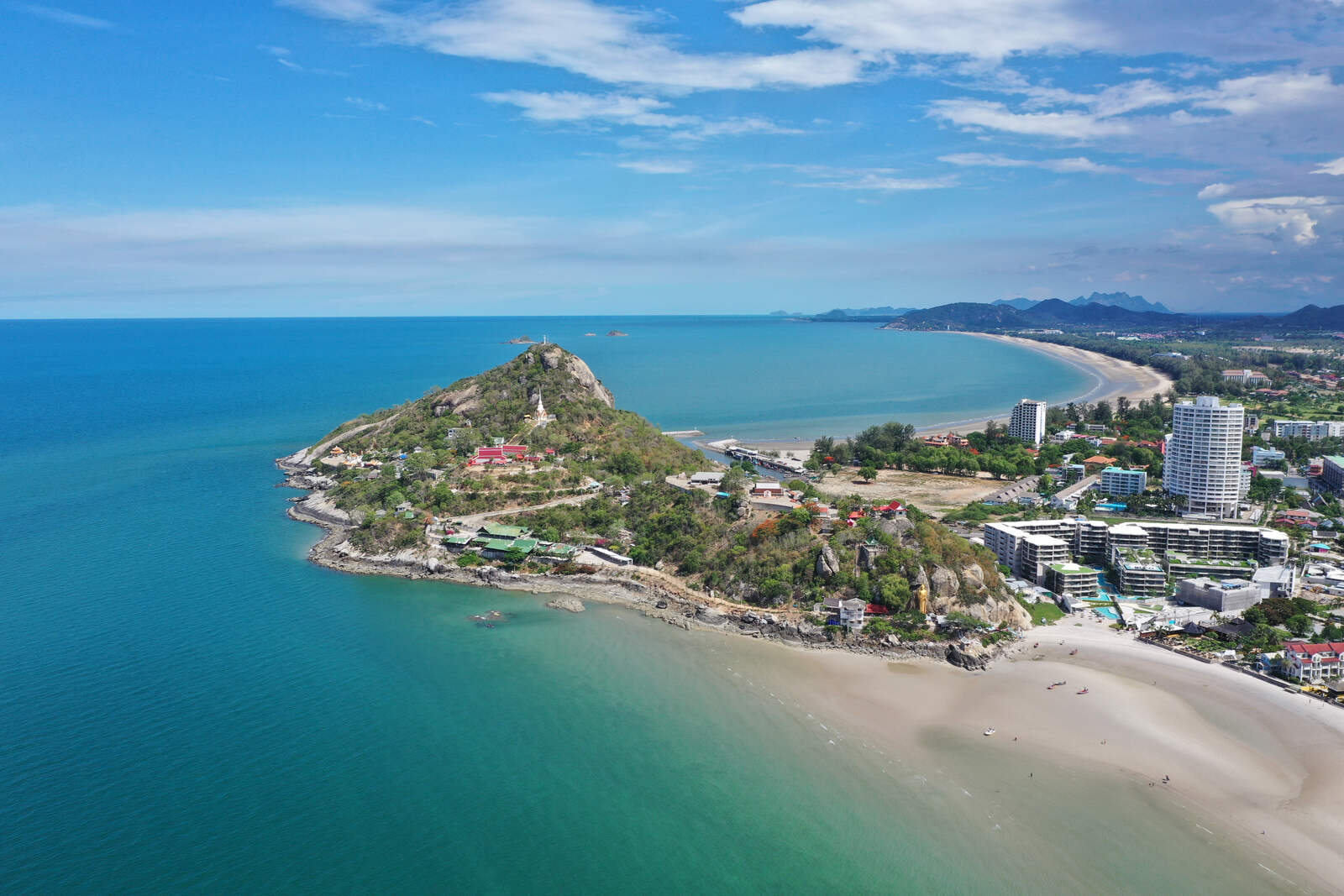 Aerial view of the beaches in Hua Hin adjacent to Khao Takiab that are famous for watersports